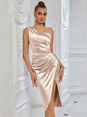 One Shoulder Ruched Split Mini Party Dress
