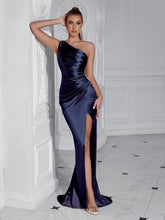 One Shoulder Ruched Split Satin Prom Dress