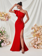 Ruffled One Shoulder Split Ruched Wedding Guest Dress