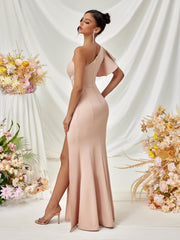 Ruffled One Shoulder Split Ruched Wedding Guest Dress