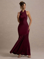 Backless Cowl Neck Ruffled Sleeveless Cocktail Dress