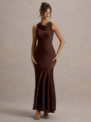 Backless Cowl Neck Ruffled Sleeveless Cocktail Dress