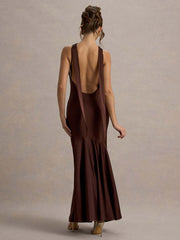 Backless Cowl Neck Ruffled Sleeveless Cocktail Dress