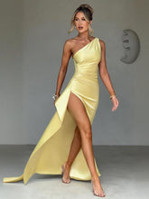 Yellow One Shoulder Slit Cocktail Dress