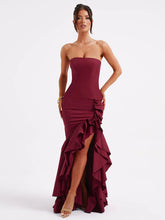 Wine Strapless Ruffled Asymmetrical Prom Dress
