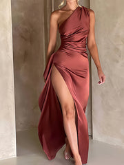One Shoulder Slit Ruched Cocktail Dress