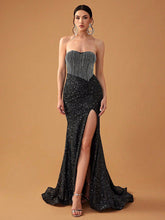 Strapless Backless Sequin Split Evening Dress