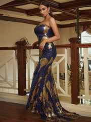 Strapless Floor Length Sequin Maxi Blue Evening Dress