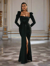 Puff Long Sleeve Split Black Mermaid Prom Dress