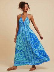 Blue Tribal Halter Backless Vacation Dress