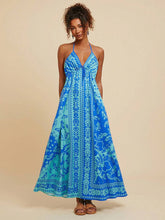 Blue Tribal Halter Backless Vacation Dress