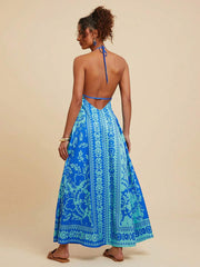 Blue Tribal Halter Backless Vacation Dress