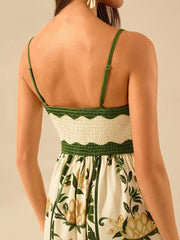 Green Floral High Waist A-line Vacation Dress