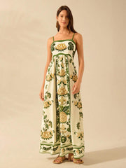Green Floral High Waist A-line Vacation Dress