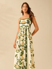 Green Floral High Waist A-line Vacation Dress