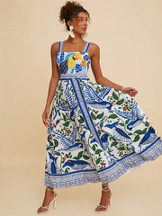 Blue Printed Sleeveless Parrot Vacation Dress