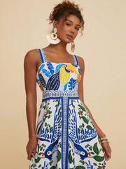 Blue Printed Sleeveless Parrot Vacation Dress