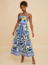 Blue Printed Sleeveless Parrot Vacation Dress