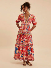 Red Floral Printed Short Sleeve Vacation Dress