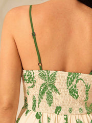 Green Plants Print A-line Vacation Dress
