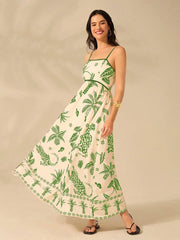 Green Plants Print A-line Vacation Dress