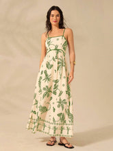 Green Plants Print A-line Vacation Dress
