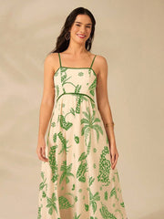 Green Plants Print A-line Vacation Dress