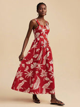 Red Floral Square Neck Vacation Dress