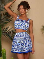 Blue Floral Sleeveless Vacation Two Set