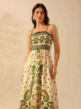 Green Plaisey Printed Shirred Vacation Dress