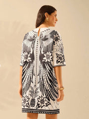 Black Geometric Printed Short Sleeve Dress