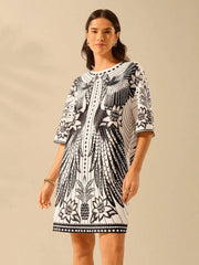 Black Geometric Printed Short Sleeve Dress