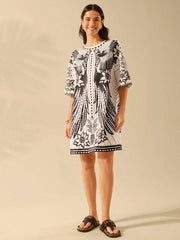Black Geometric Printed Short Sleeve Dress