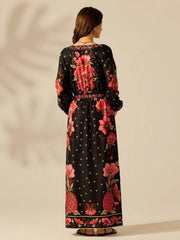 Black Floral Long Sleeve V-neck Vacation Dress