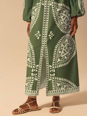 Green Geometric Printed Long Sleeve Dress