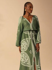 Green Geometric Printed Long Sleeve Dress