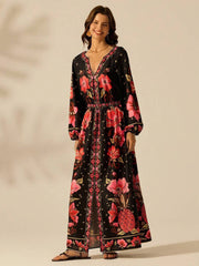 Black Floral Long Sleeve V-neck Vacation Dress