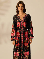 Black Floral Long Sleeve V-neck Vacation Dress