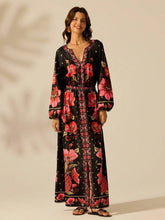 Black Floral Long Sleeve V-neck Vacation Dress