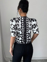 Black Floral Puff Sleeve Knot Fashion Top