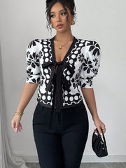 Black Floral Puff Sleeve Knot Fashion Top