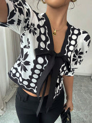 Black Floral Puff Sleeve Knot Fashion Top