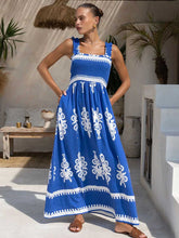 Blue Printed Tribal Shirred Vacation Dress