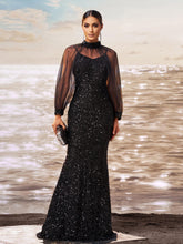 Black Long Sleeve Mesh Sequin Floor Length Dress