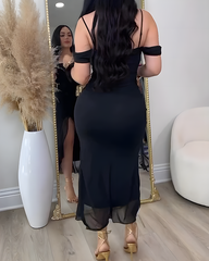 Off-the-Shoulder Mesh Ruffled Slit Slim Dress