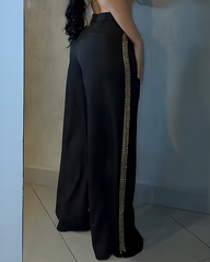 Metal Chain Trim Wide-Leg Casual Pants