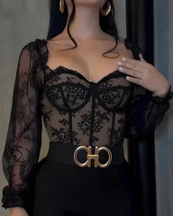 Long-Sleeved Mesh Lace Corset Top