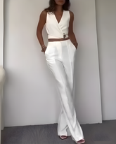 Cross-Over Slim-Fit Sleeveless Vest Wide-Leg Pants Set