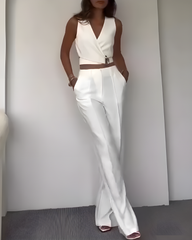 Cross-Over Slim-Fit Sleeveless Vest Wide-Leg Pants Set