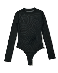 Sheer Mesh Crew Neck Long Sleeve Thong Bodysuit